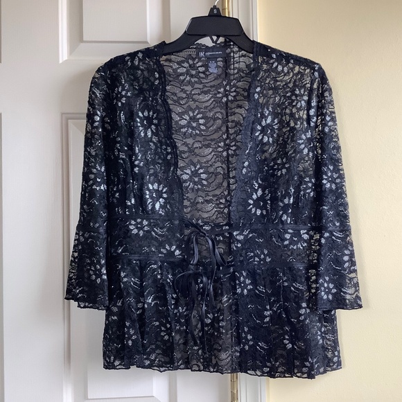 I.N.C Lace Jacket Tie Front Black Silver SZ PM - Picture 1 of 15